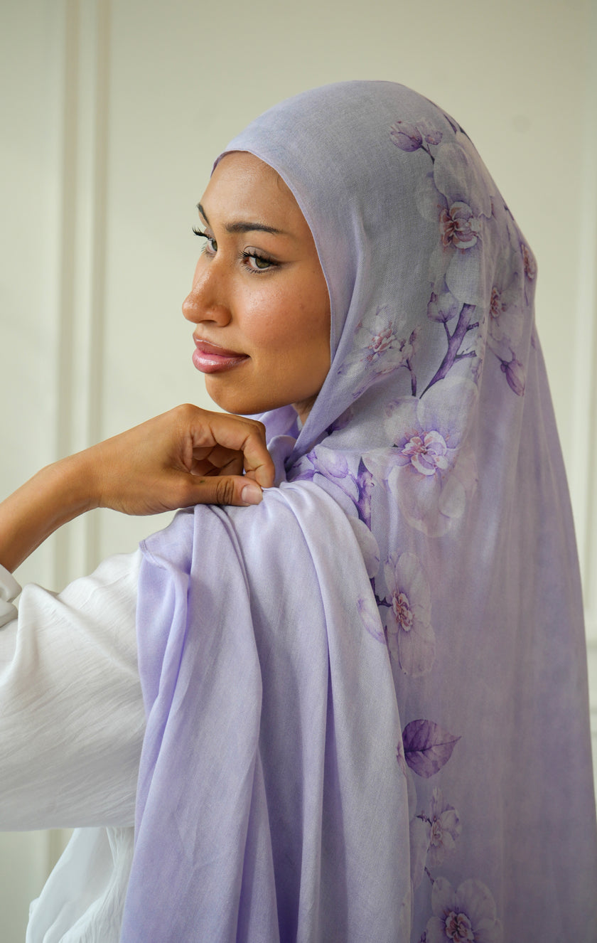 100% Modal Hijab – Indonesian Moon Orchid Print | Basma Scarves