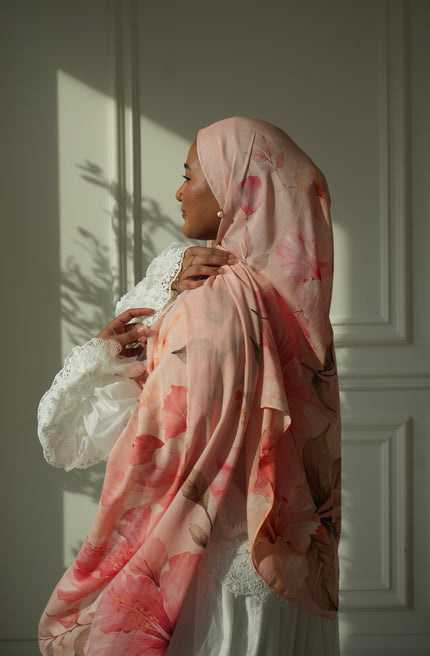 100% Modal Hijab – Malaysian Peach Hibiscus Print | Basma Scarves