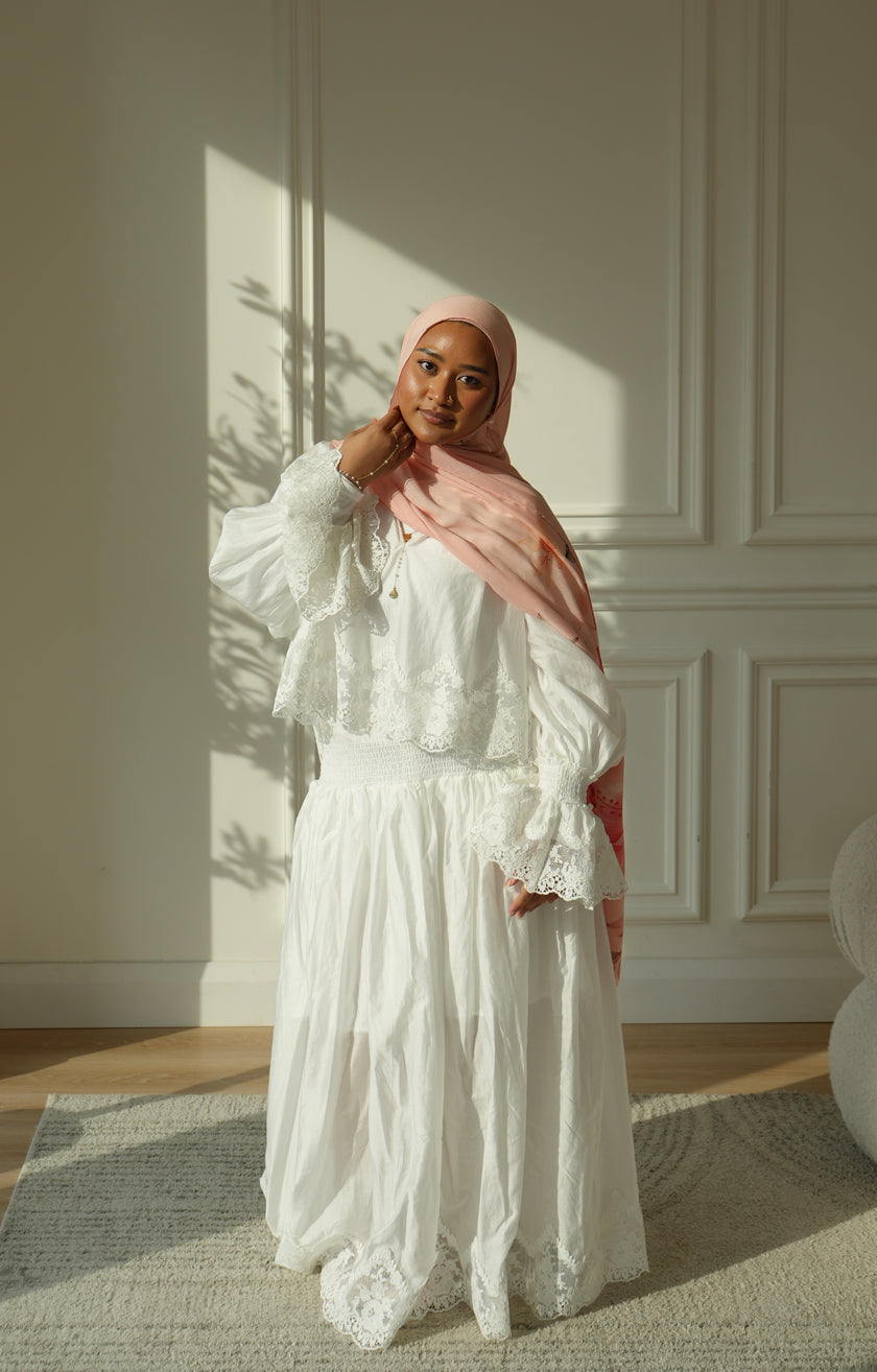 100% Modal Hijab – Malaysian Peach Hibiscus Print | Basma Scarves
